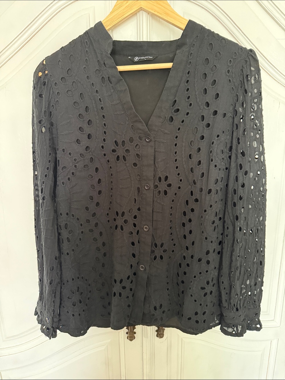PrettyGarden Black Eyelet Embroidered Button Front Blouse Feminine Boho Size L